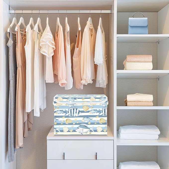 senya Large Storage Bins with Linen Collapsible Foldable Storage Cubes Fabric Closet Organizer Containers box with Flip-Top Lid for Home Bedroom Office 16.7 x 12.6 x 11.8in (Fish Shells Light Blue)