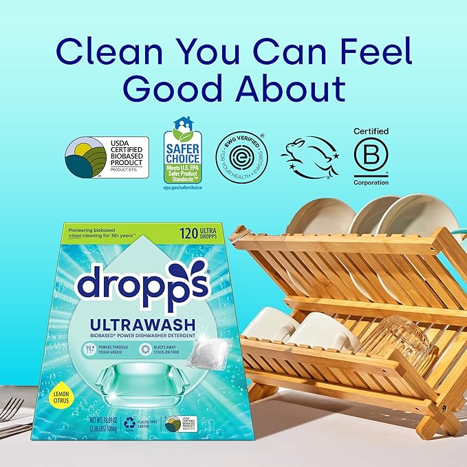 Dropps UltraWash Dishwasher Detergent Pods, Lemon Citrus (120 Ct) - Cuts Grease & Stuck-On Food | Sparkling Dishes & Glasses | Residue-Free | Clean Ingredients | No Pre-Rinse | Plastic Free Packaging