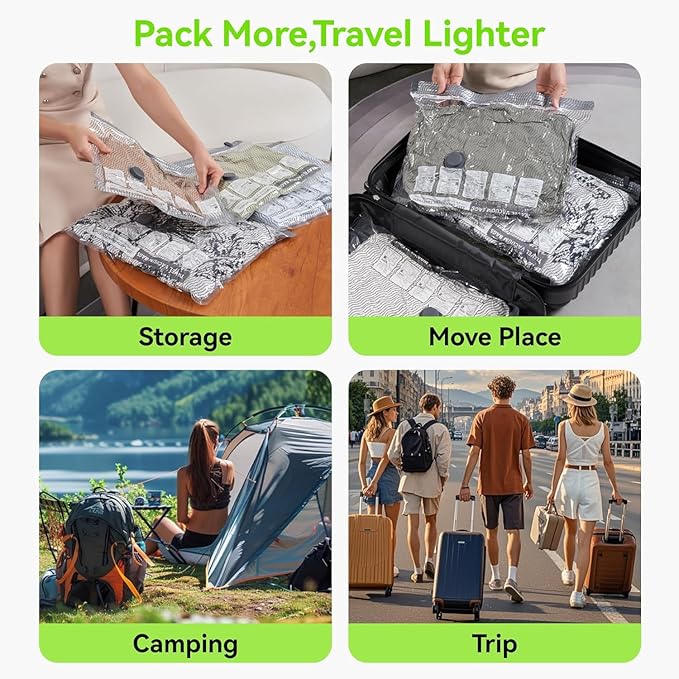 Travel Vacuum Bags with USB & TYPE C Pump, 9 Pack Carry-On Vacuum Storage Bags for Luggage & Suitcase, Vacuum Luggage Bags, Space Saver for Clothes & Travel(Green)