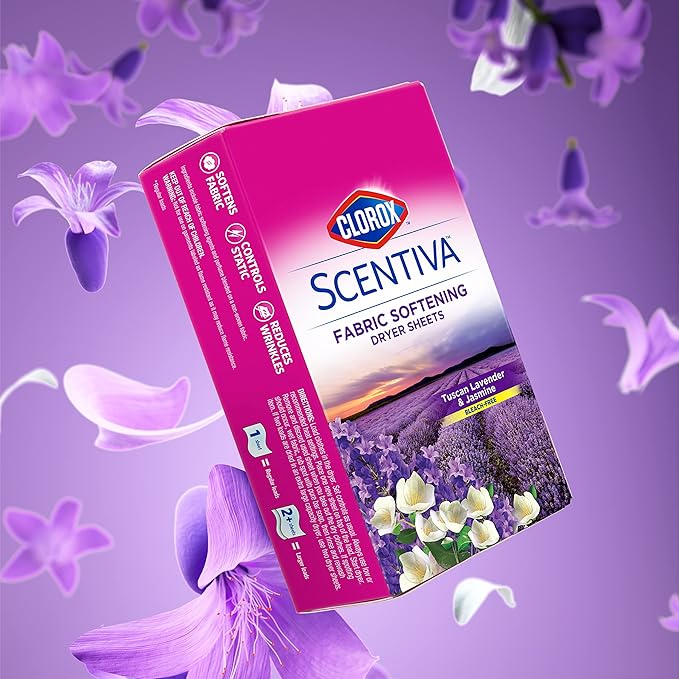 Clorox Scentiva Fabric Softener Dryer Sheets, Tuscan Lavender & Jasmine Scent - Wrinkle Reducing Scented Softening Laundry Dryer Sheets for Great Smelling Clothes, 40 Count
