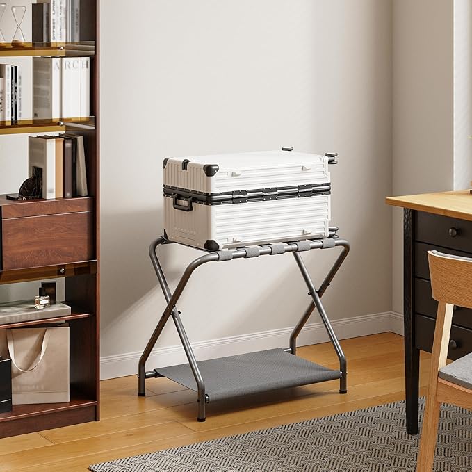 HOOBRO Luggage Rack, Pack of 2, Folding Suitcase Stand with Fabric Storage Shelf for Guest Room, Bedroom, Hotel, Holds up to 100 lb, 27 x 15.3 x 22 Inches, Space Saving, Gray GY04XLP201