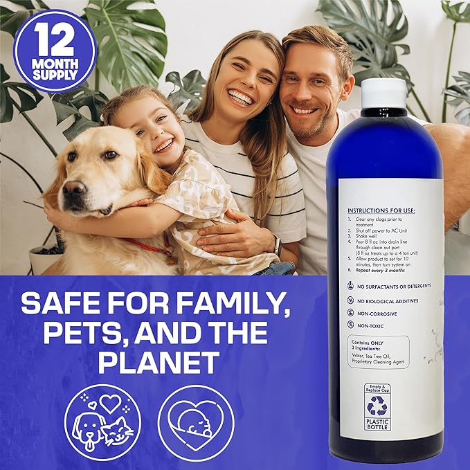AC Drain Line Cleaner / 12 Month Supply | Safe Chlorine Free Non Toxic Formula with Natural Tea Tree Oil | HVAC Drain Line Solution for Tough Clogs & Buildup