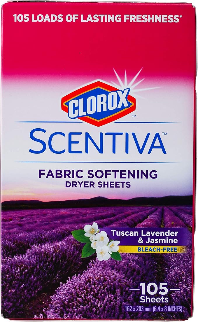 Clorox Scentiva Fabric Softening Dryer Sheets Fabric Sheets in Tuscan Lavender & Jasmine Scent Laundry Dryer Sheets for Fresh & Clean Clothes (Pack of 6, 630 Count Total)