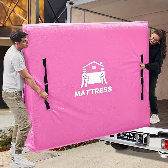 Mattress Bags for Moving, BETU Mattress Protector Waterproof Mattress Cover Queen Size Storage Bags with 8 Heavy-Duty Handles and Zipper for Bed Extra Thick Large Reusable (82"x62"x15" Pink)