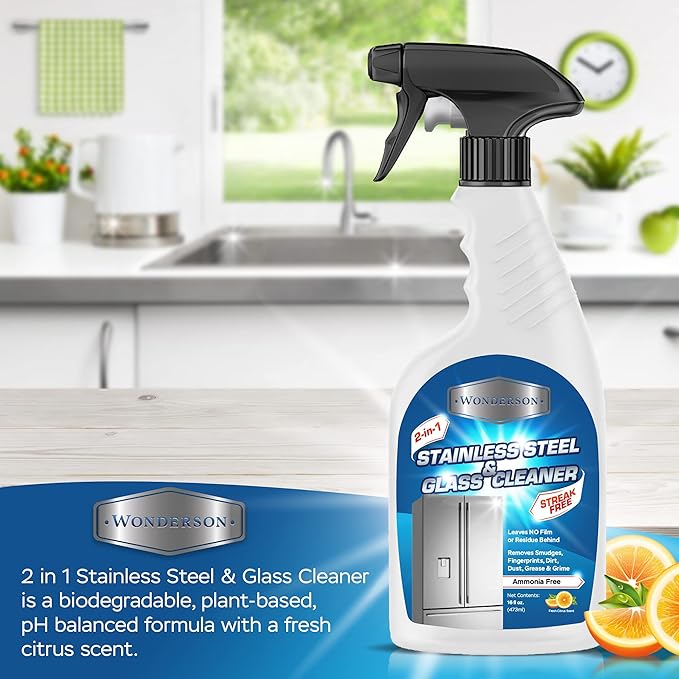 Wonderson 2-In-1 Stainless Steel & Glass Cleaner 16 Ounces - For Use On Appliances, Countertops, Sinks, Stovetops, Dishwashers, Windows, Bathrooms, Cars, & More! (2 Pack)