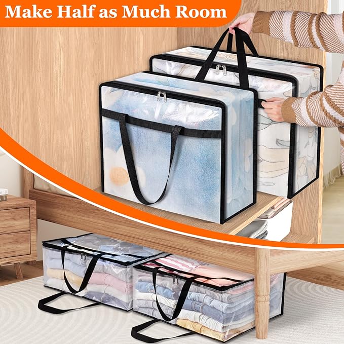 TasticTotes 6 Pack Clear Storage Bags for Comforter, Clothes & Bedding, Plastic Blanket Storage with Zipper and Handle, Moving Bags, Closet Organizer and Under-Bed Storage (60L)