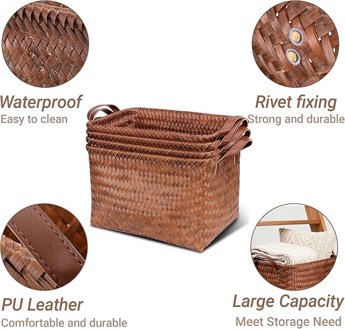 10pcs 15L Laundry Baskets Waterproof Storage Basket For Shelves Large Laundry Hamper With Leather Handle -Cube Organizer Woven Bins for Bathroom,Bedroom,Pantry,Clothes,Car Towels-Brown