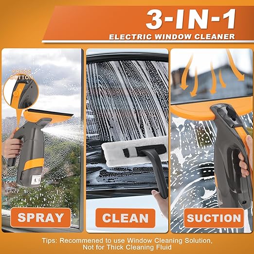 3-in-1 Window Vacuum Squeegee Cordless, Electric Window Squeegee Window Cleaner with Spray & Suction, Handheld Window Cleaning Tool, for Windows, Mirror, Glass, Car Windshield, Countertop, Tiles