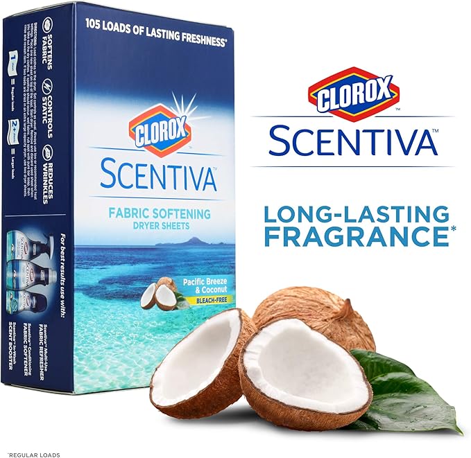 Clorox Scentiva Fabric Softening Dryer Sheets, 105 Sheets per Pack, Pacific Breeze & Coconut Scent | Bleach-Free Fabric Softener Sheets for Static Control and Reduce Wrinkles (6 Pack)