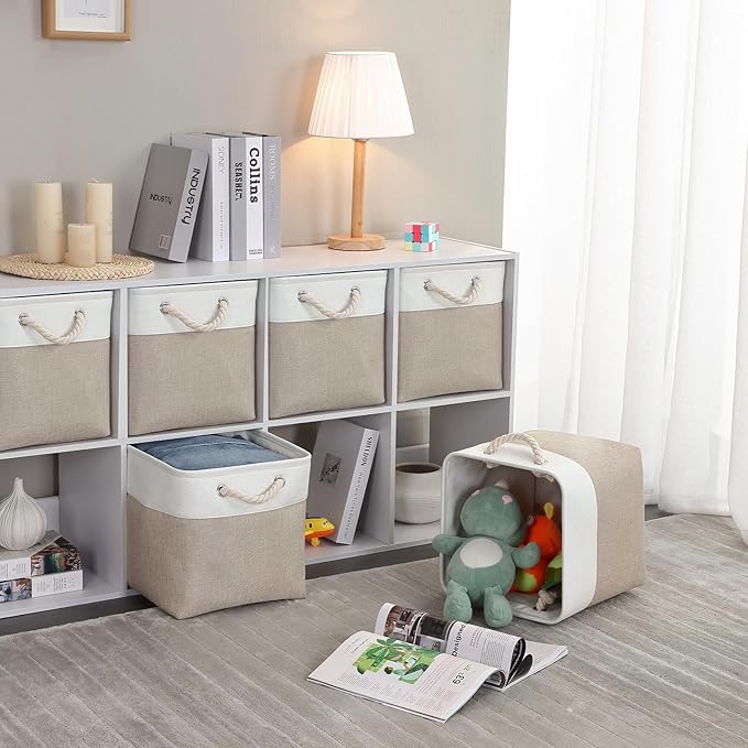 Mangata Canvas Storage Boxes, 13 Inch Cube Storage Bins Set of 6, Fabric Baskets with Cotton Rope Handle for Organizing Clothes Nursery Home (Khaki/White)