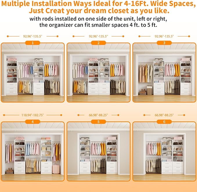 Closet System with 6 Drawers, 6FT-15FT Wooden Closet Organizer System with 8 Expandable Hanging Rods and Shelves, Closet Shelving System for Walk in Closet for Bedroom,Wall Mount, White 2 Sets