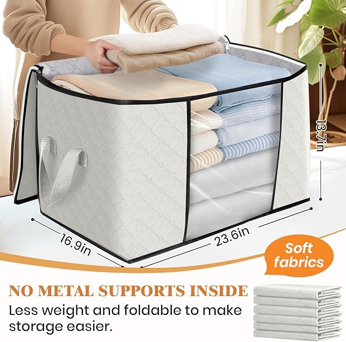 Fab totes 24 Gallons Clothes Storage, Foldable Thick Fabric Blanket Storage Bags, Containers for Organizing Bedroom, Closet, Clothing, Comforter, Organization with Handle (4 Pack,Ivory)