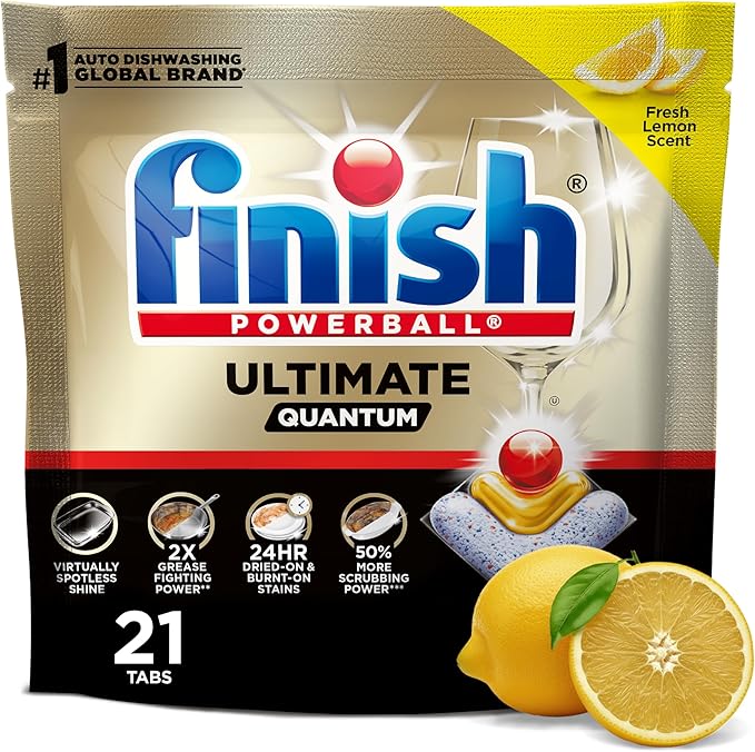 Finish Ultimate Quantum Dishwasher Pods, New & Improved Formula, Dishwasher Detergent Dish Soap, Removes Burnt-On & Dried-On Stain, Degreasing & Scrubbing Power, Lemon Scent, 21 Count