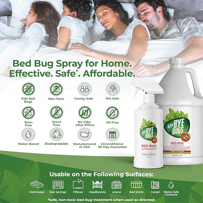 Bed Bug Spray for Getting Rid of Bed Bugs Permanently. Say Bye Bugs - a Non-Toxic, Kill on Contact Bed Bug Treatment That Doesn't Stain & is Odor Free. Simply Shake & Spray (1x 128oz).