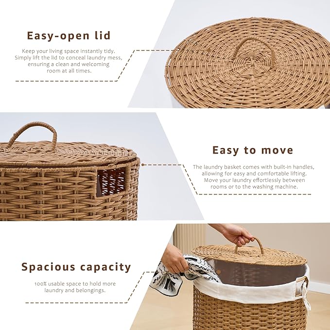 Round Wicker Laundry Hamper with Lid Handwoven Rattan Basket with Handles for Dirty Clothes, 2 Washable Liner Bags, No Assembly Required, Washable Basket, 90L