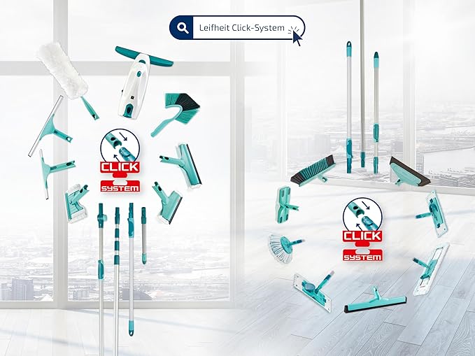 Leifheit Window Squeegee XL and Telescope Handle 200 cm, Window Wiping Set, Window Squeegee and Long Handle, Easy Window Cleaning Click System Handle