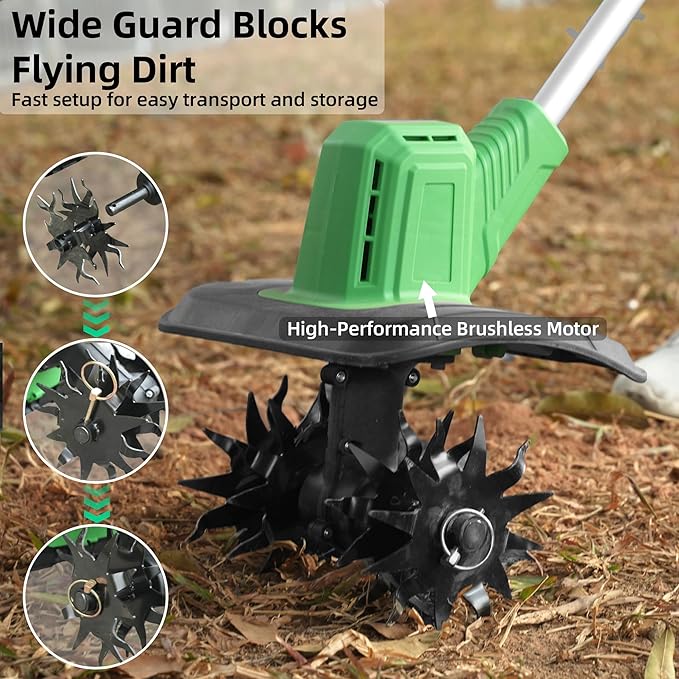 Cordless Tiller Cultivator, 360RPM Battery Powered Garden Cultivator, with 2 * 3.0Ah Batteries & Charger, 9In Tilling Width & 6In Depth Tiller for Gardening