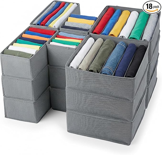 18 Pack Dresser Organizer Bins for Clothes Drawer Organizer Clothes, Underwear Bra Sock Organizers Fabric Closet Organization and Storage Dividers for Nursery Bedroom Dorm Grey