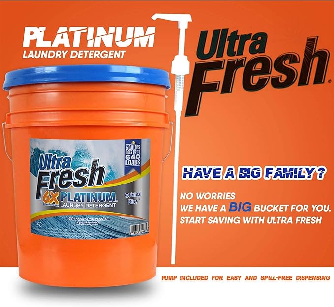 Ultra Fresh 6X Platinum 5 Gallon Laundry Detergent Liquid for All Machine Types with Easy Dispensing Pump, Up to 640 Loads, Original Blue (3 Pack)