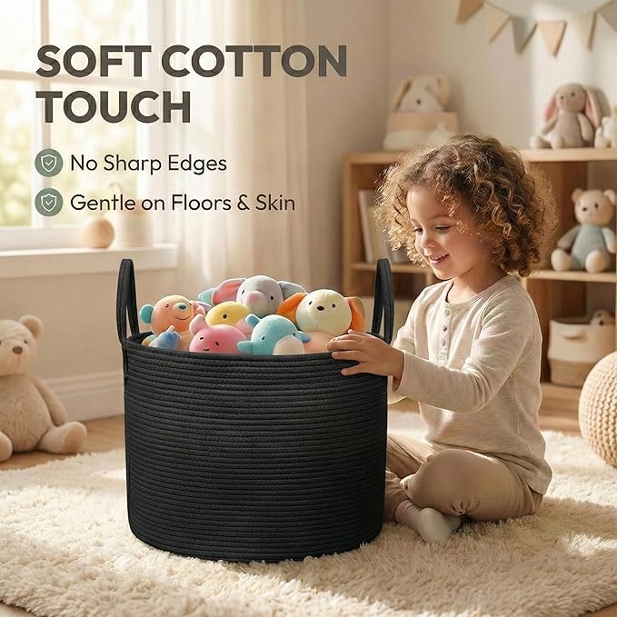 JMvicyroam 115L Extra Large Blanket Basket for Living Room - Woven Cotton Rope Laundry Hamper with Reinforced Handles - Storage Bin for Pillows, Comforters & Toys - Machine Washable,Black