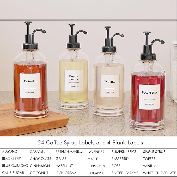 16.9 oz/500 ml Coffee Syrup Dispenser Set - 4 Glass Bottles with Black Pumper and Syrup Labels - Precise Dispensing and Stylish Addition to Coffee Shop, Cafe or Home Bar