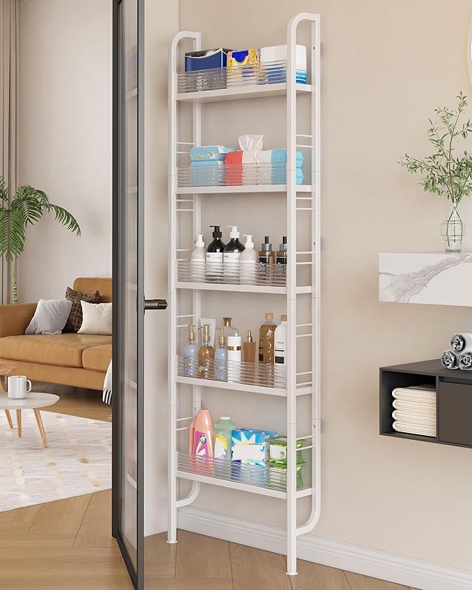 UMDONX Behind The Door Bathroom Shelf Narrow 5-Tier, Slim Space-Saving Storage Shelf, Freestanding Narrow Shelving Unit for Bathroom, Kitchen, Closet and Laundry Room