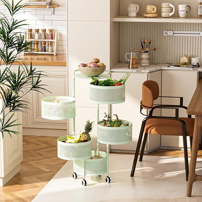 JAQ Rotating Fruit Basket, 5-Tier Metal Sturdy Kitchen Storage Rack Shelf Carts No Assembly on Rolling Wheels for Fruit Vegetable Grocery Corns Potato Onion (5-Tier, Green)