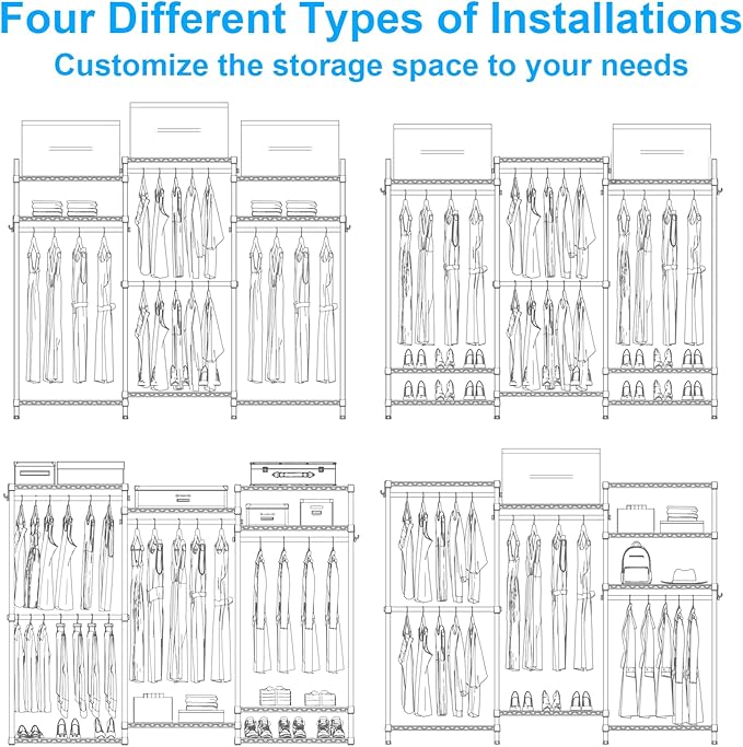 Ulif E13 Max Heavy Duty Clothes Rack（With 4 Hanger Rods & 8 Shelves） Freestanding Clothing Racks for Hanging Clothes，Adjustable Closet，Metal Garment Rack 86" W x16 D x77 H，Max Load 1100LBS，White
