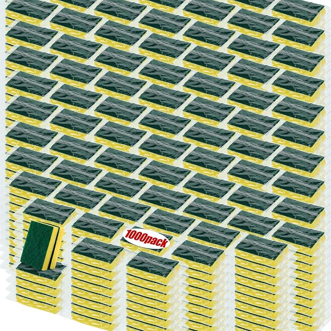 Tanlade 1000 Pcs Individually Wrapped Sponge Dishwashing Sponge Bulk Non Scratch Scrub Sponges Kitchen Scouring Pad for Household Cleaning Rental Dishes Hotel Apartment Car (Yellow,Green)