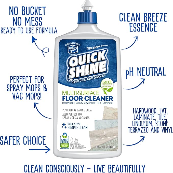 Quick Shine Multi Surface Floor Cleaner 27oz, 2Pk | Ready to Use-Streak Free- No Rinse | Use on Hardwood, Laminate, Luxury Vinyl Plank & Stone | Use in Spray Mops & Vac Mops | Safer Choice Cleaner
