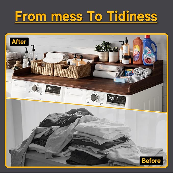 Washer Dryer Countertop, Laundry Wood 2 Tier Shelves Topper with Edge, 54" W x 26.7" D Cover Guard Organizer for Washer and Dryer Laundry Hamper Counter Storage Organization Brown Wood