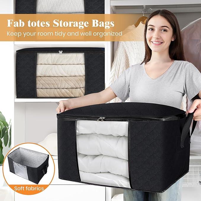 Fab totes Storage Bags,Clothes Blanket Storage Bins Foldable Closet Organizers with Reinforced Handle for Home Dorm Storage and Organization,Fabric Bags for Organizing Sheets,Clothing (Black,8 Pack)