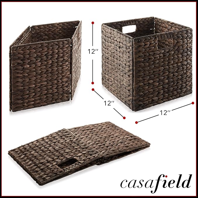 Casafield 12" x 12" Water Hyacinth Storage Baskets, Espresso - Set of 2 Collapsible Cube Organizers, Woven Bins for Bathroom, Bedroom, Laundry, Pantry, Shelves