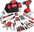 FASTPRO 232-Piece 20V Cordless Lithium-ion Drill Driver & Home Tool Set, Household Repairing Tools Kit with Drill, 12-Inch Wide Mouth Storage Bag, Red