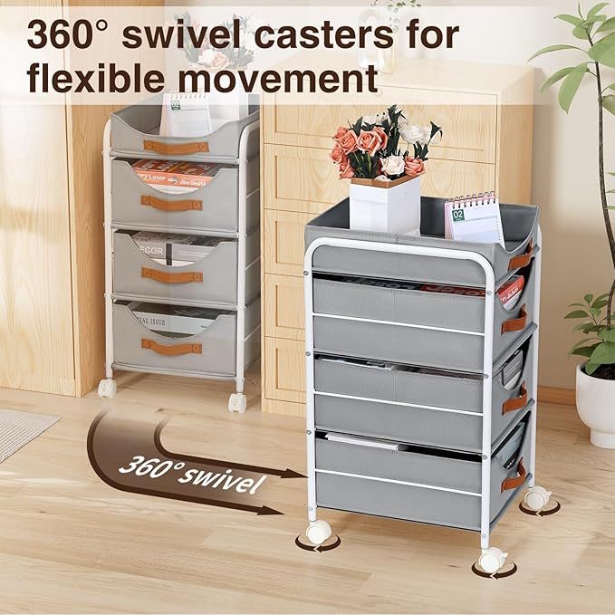DIMJ Clothes Drawer 4 Tier - Fabric Closet Drawer System Rolling, Portable Closet Drawers for Clothes with Wheels, Small Closet Organizer & Replacement Drawers for Bedrooms, Office, Nursery, Grey