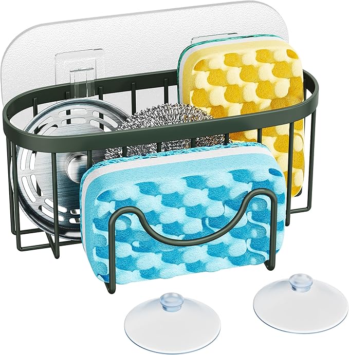 HapiRm Sponge Holder for Kitchen Sink - Sink Caddy with Unique M-Shaped, 2 Installation Methods Kitchen Organizer, Rustproof Stainless Steel Sponge Caddy - Green
