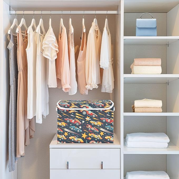 senya Large Storage Bins with Linen Collapsible Foldable Storage Cubes Fabric Closet Organizer Containers box with Flip-Top Lid for Home Bedroom Office 16.7 x 12.6 x 11.8in (Racing Car)