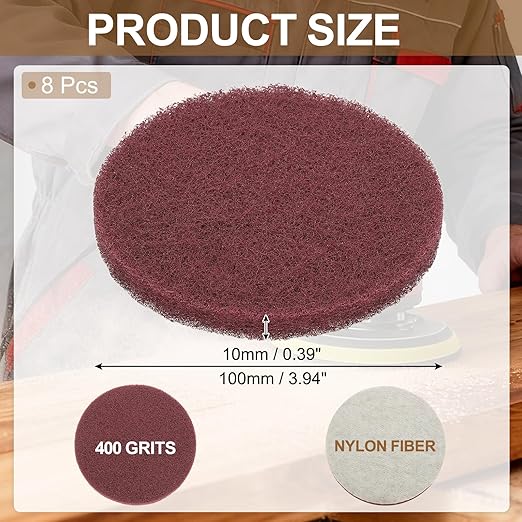 uxcell 8Pcs Scrubber Scouring Pad, 4 Inch 400 Grits Drill Power Brush Hoop and Loop Scrub Pads Discs Polishing Pad for Household Furniture Automotive Cleaning, Red