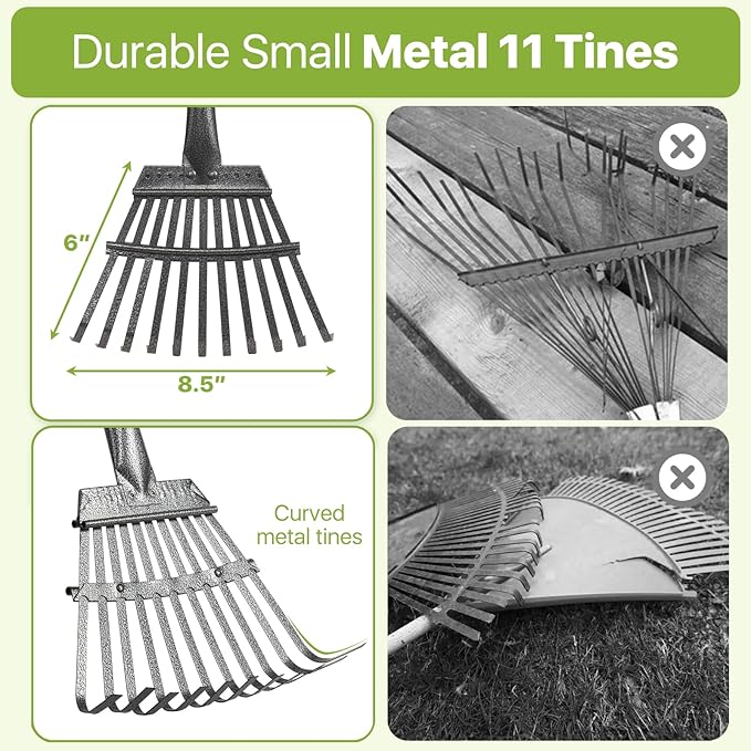 Rake for Leaves, Small Leaf Rake for Garden, 70-inch Adjustable Metal Rakes-Tool with 11 Steel Tines for Gardening, Yard, Shrub, Flower Beds, Lawns