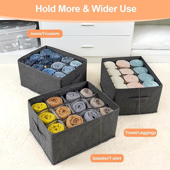 EASEVE 4Pcs Closet Organizers and Storage Bins for Clothes - 12 Cell Drawers Organizer Grid Storage Box for Jeans Pants Sweater T-shirts, Wardrobe Shelf Dividers Closets Organization