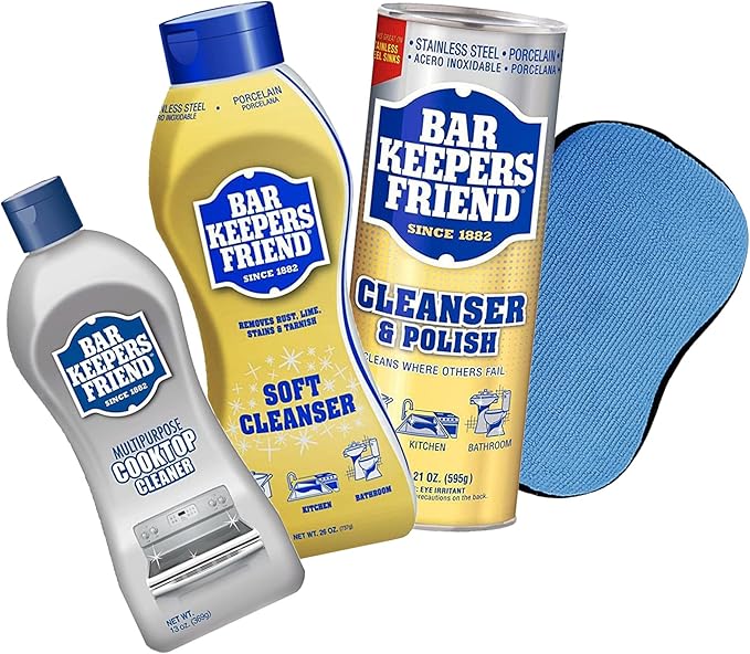 BAR KEEPERS FRIEND Cleanser Trio - Mega Bundle (21 Oz Cleanser and Polish Powder | 26 Oz Liquid Soft Cleanser | 13 Oz Cooktop Cleaner) Plus 1 Foxtrot Microfiber Towel and 1 Microfiber Scrubber Sponge