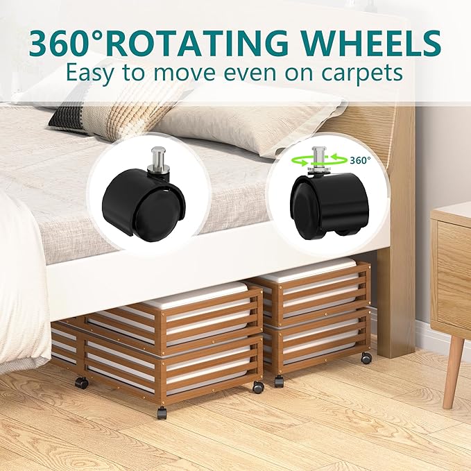Bamboo Under Bed Storage Containers- Underbed Organizer with Wheels with Large Capacity Dust Bag,Sturdy Wood Rolling Under Bed Shoe Storage Organizer 2 Packs (Walnut, 2 Packs (33.07"×16.54"))