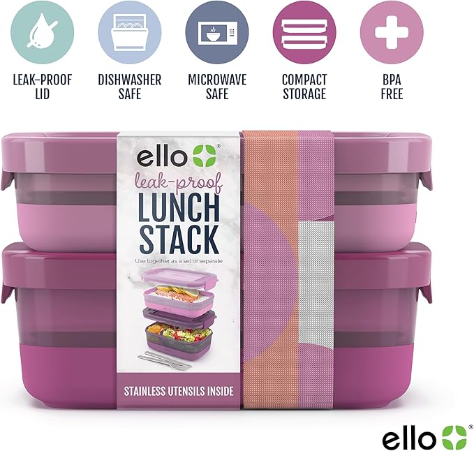 Ello 2-Pack Lunch Stack Plastic Food Storage Container Bento Box with Airtight, Leak-Proof Locking Plastic Lids and Silicone Base, BPA-Free, Freezer, Microwave, and Dishwasher Safe, Raspberry