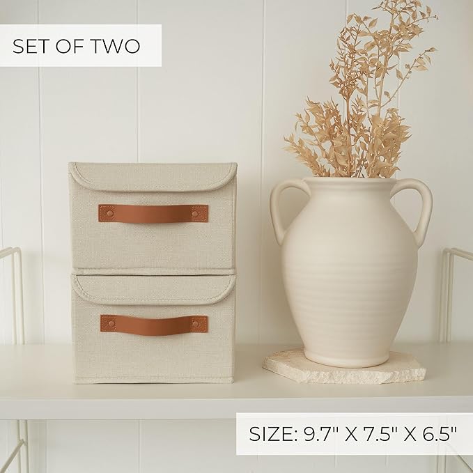 Decorative Linen Storage Boxes with Lids - Spacious Set of 2 Organizer Bins for Your Home Decor - The Perfect Small Container to Safely Store Photos, Documents and Memory Box Keepsakes in Style