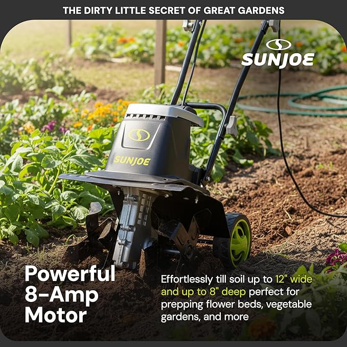Sun Joe Electric Garden Tiller and Cultivator with 3 Position Height Adjustment Maximum 12-inch Cultivating Width and 8 Amp Motor, TJ602E