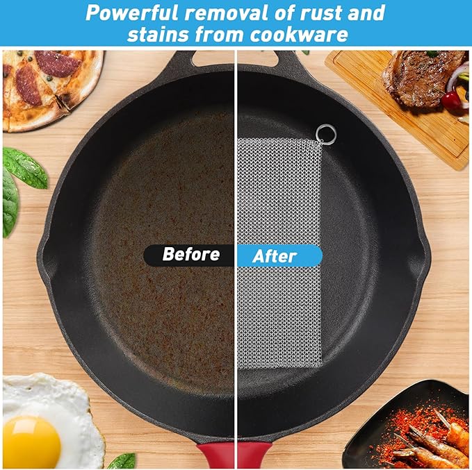 Cast Iron Cleaner and Chainmail Skillet Scrubber - 8''x6'' Upgraded 3.8mm Small Ring, 316L Stainless Steel Fine Rings - Durable Scraper for Skillets, Pans, Griddles & Containers
