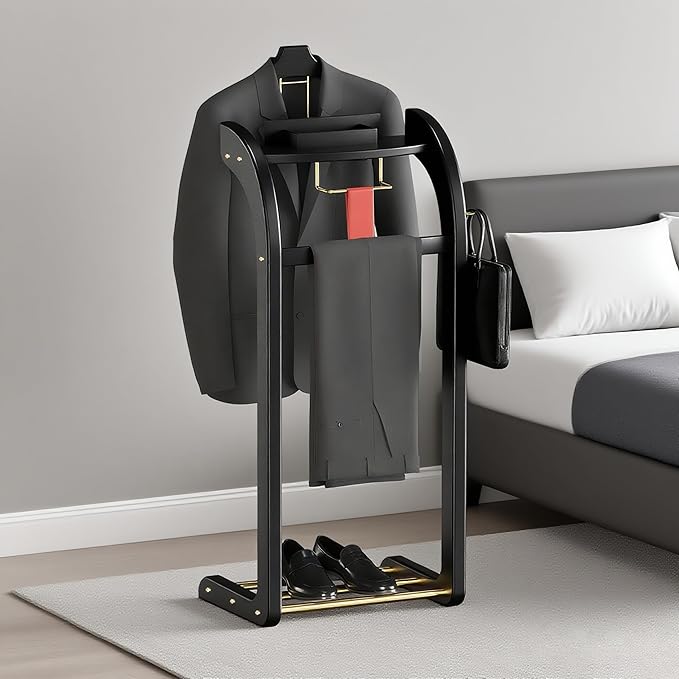 Suit Valet Stands for Women and Men, Wood Valet Stand with Base, Wardrobe Suit Valet Stand Organizer with Trouser Bar and Tie Bar, for Office Living Room (Black)