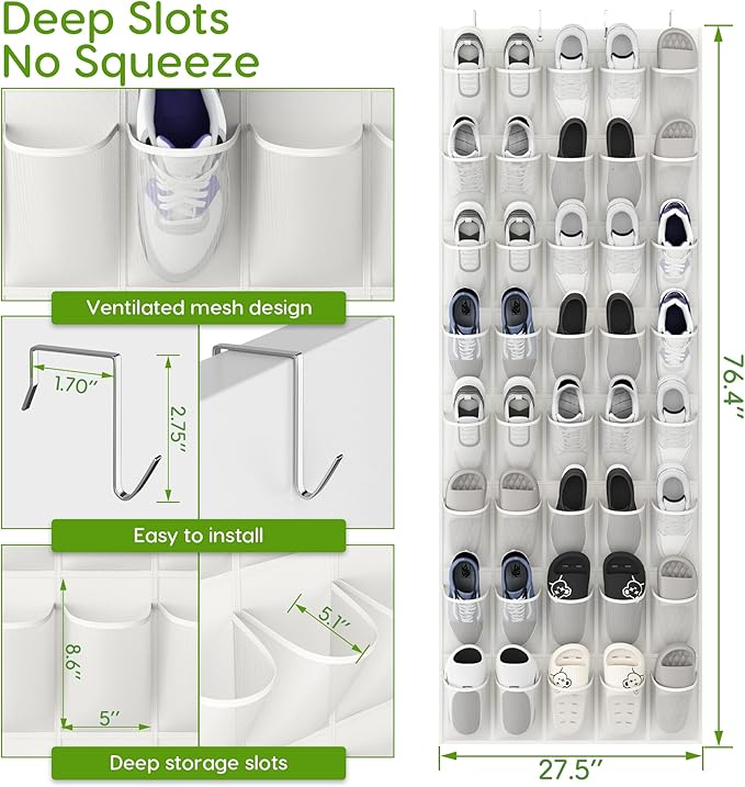 Unjumbly Over the Door Shoe Organizer with 40 Large Breathable Mesh Pockets, Space Saving Shoe Holder, Hanging Shoe Rack for Entryway Bedroom Closet Storage (White, 80 Pockets)