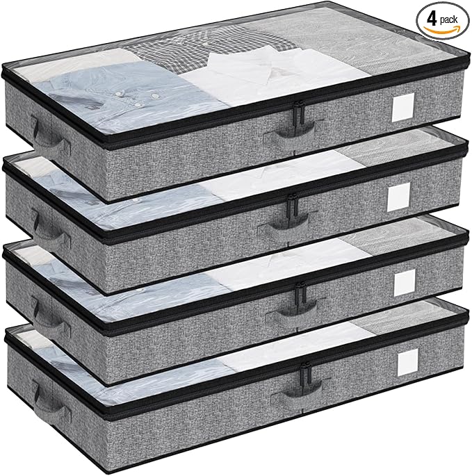 Fixwal 4 Pack Underbed Storage Containers, Below 4.5 Inches Low Profile Under Bed Organizer Clothes Storage Bins with Sturdy Sidewalls and Bottom