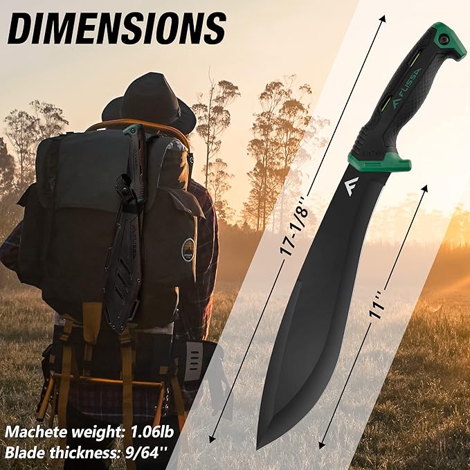 FLISSA Machete, 11'' Fixed Blade Camp Knife, Bolo Machete for Clearing Brush, Patented Shock Absorbing Air Tech Handle, Ideal for Gardening, Bushcraft and Outdoor, Molded Sheath Included